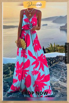 Women's Dresses Printed Sling V-neck Sleeveless Dress Plus Size Beach Wear, Bohemian Robes, Holiday Dresses Women, Dresses Printed, Cake Skirt, Elegant Maxi Dress, Flower Print Dress, Print Swimwear, Sling Dress