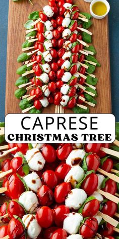 caprese christmas tree skewers with cherry tomatoes and mozzarella cheese