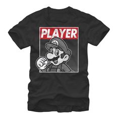 Mario is not a player, he just crushes koopa troopas a lot! Put the spotlight on the hero from the Super Mario Bros games with the Nintendo Mario Player Black T-Shirt featuring Mario printed below the word "Player." Size: large. Gender: male. Age Group: adult. Pattern: Fictitious Character. Material: Cotton. Graphic Print Crew Neck T-shirt For Gaming Events, Black Graphic Print Tops For Gaming Events, Crew Neck T-shirt With Graphic Print For Gaming Events, Gamer T-shirt With Character Print And Crew Neck, Graphic Tee T-shirt For Gaming Events, Gamer Style Character Print Tops For Streetwear, Graphic Print Short Sleeve Tops For Gaming Events, Black Gamer T-shirt With Screen Print, Black Gamer T-shirt With Graphic Print