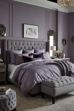 Colours That Go With Grey Bedroom, Purple And Grey Room, Lavender Bedroom Ideas For Women, Gray And Purple Bedroom Ideas, Grey Purple Bedroom, Lilac And Grey Bedroom, Purple And Grey Bedroom Ideas, Purple Grey Paint Color, Neutral Tones Bedroom