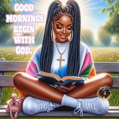 a painting of a woman sitting on a bench reading a book with the words good morning begin with god