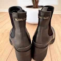 Black Prada Boots, Worn 3-4 Times Since Buying Them. In Great Condition. Beige Prada Boots, Prada Boots Beige, Prada Block Heel Combat Boots, Prada Boots, Shoes Prada, Prada Shoes, Sneaker Heels, Bootie Boots, Prada