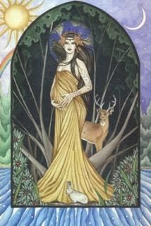 a woman in a yellow dress standing next to a deer and trees with the sun above her