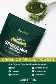 "Organic Spirulina Powder
Our Organic Spirulina Powder is high in:
✔️ Iron
✔️ Vitamin K
✔️ Vitamin A
✔️ Vitamins B1, B2, and B12
✔️ Chromium"