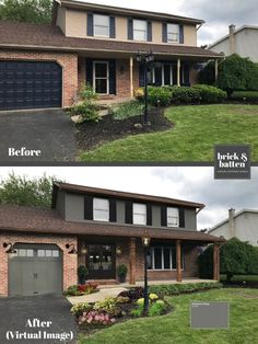 before and after shots of a house with landscaping in front, side by side on the other side