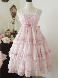 Dress / Top Details:Bead Details / Smocked Elastic at BackDress Waistline:High WaistSkirt Details:Ruffle Hem / Tiered Skirt Size S M L XL Bust 86 90 94 98 Waist 68 72 76 80 Full Length 92 93 94 95 Light Pink Ruffle Dress, Frilly Pink Dress, Ruffle Pink Dress, Pink Layered Dress, Japanese Fashion Kawaii, Pink Ruffle Dress, Cottagecore Outfits, Frilly Dresses, Pink Homecoming Dress