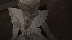 an anime character with long hair and braids standing in front of a brick wall