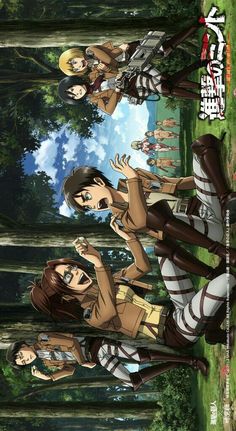 an anime poster with two women standing in front of trees and one woman holding her hand up