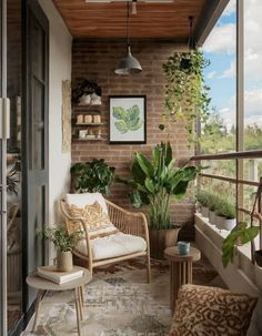 a balcony with potted plants and wicker furniture on the front porch, along with other outdoor decor