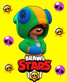 the brawl stars character is surrounded by skull heads and skulls on yellow background with red, blue