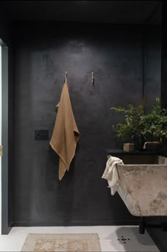 a bath room with a sink and a towel hanging on the wall next to a potted plant