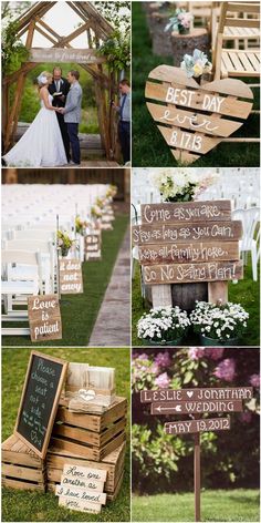 wooden signs are arranged on the grass for wedding photos and decorations, as well as flowers