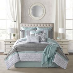 Instantly calming to the eye, the mia 10-piece comforter set is dreamy in its muted teal and grayscale tones and embroidered top. The intricate design adds interest without overwhelming. Includes beautifully embroidered shams and decorative pillows, bedskirt and a super soft throw.# Pieces In Set: 10Included: 2 16x16 Inch Decorative Pillow(s), 1 Throw(s), 2 Standard Sham(s), 2 Euro Sham(s), 1 Comforter(s), 1 Bed Skirt(s) With 15 Inch Drop, 1 18x18 Inch Decorative Pillow(s)Features: EmbroideredBe Muted Teal, Full Comforter Sets, Dec Pillows, Grey Comforter Sets, Blue Comforter Sets, King Comforter Sets, Cotton Comforters, Bed Skirt, Queen Comforter Sets