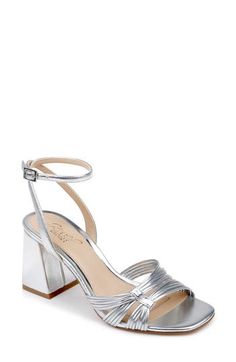 Asymmetric vamp straps create modern dimension on a metallic leather sandal balanced by an angular square toe and flared block heel. 3 3/4" heel (size 8.5) Adjustable ankle strap with buckle closure Leather and synthetic upper/synthetic lining/rubber sole Imported Silver Block Heels, Jewel Badgley Mischka, Flat Booties, Strappy Block Heels, Strap Sandals Women, Platform Stilettos, Low Heel Shoes, Open Toe Sandals, Sandal Women