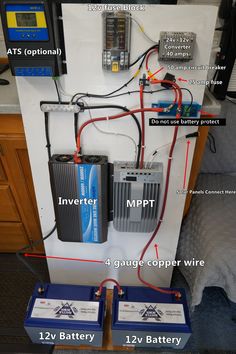 two batteries connected to an inverter and another battery attached to the back of a refrigerator