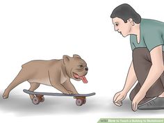 a man kneeling down next to a dog on a skateboard