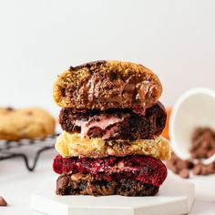 three dessert sandwiches stacked on top of each other