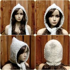 four photos of a mannequin's head wearing a crocheted hat