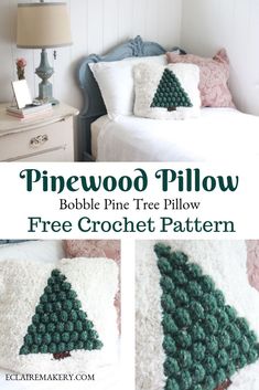 a crocheted pine tree pillow is shown on the bed