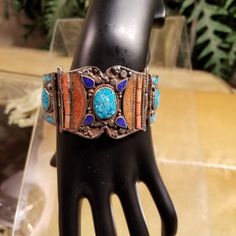 Exquisite Turquoise, Coral And Lapis Lazuli 925 Sterling Silver Tibetan Cuff Bracelet