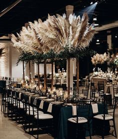 the tables are set with black linens and tall centerpieces filled with pamodia