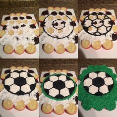 four pictures of cupcakes decorated with soccer balls