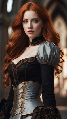 a woman with long red hair wearing a corset