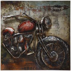 a painting of a motorcycle with rusted paint on the back and front tire rims