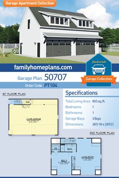 the garage plan is shown with two separate rooms and one living area, as well as an