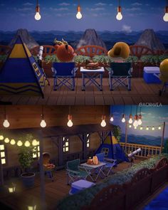 an animated scene shows the inside and outside of a tent with lights hanging from it