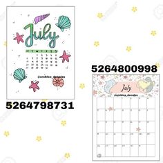 the july calendar with mermaids and starfish on it is shown in this image