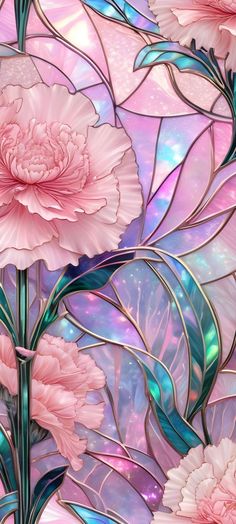 pink flowers are in front of a multicolored glass background with swirls and bubbles