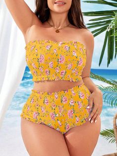 Multicolor  Collar   Floral,Plantas,Estampado Integral  Embellished Estiramiento medio Slim Fit Top, Cute Swimsuits, Swimsuit Set, Elegant Dresses Long, Kids Beachwear, Plus Clothing, Colorful Leggings, Denim Women, Summer Beach