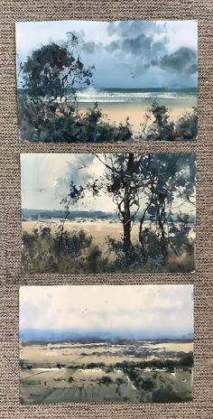 three paintings of trees and the ocean in different stages of being painted on canvass