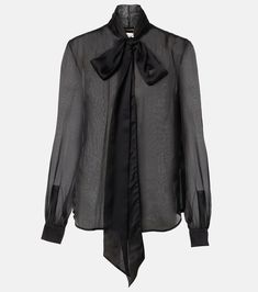 Bow-detail silk blouse in black - Saint Laurent | Mytheresa Germany Outfits, Bow Tie Blouse, Bow Blouse, Blouse Material, Straight Pants, Bow Detail, Black Blouse, Victoria Beckham, Silk Blouse