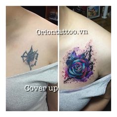 two different tattoos on the back of women's shoulder, one with a blue rose