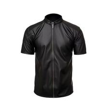 Black Leather Half-sleeves Shirt Black Leather Short Sleeve Shirt, Black Short Sleeve Moto T-shirt, Black Cotton Biker T-shirt, Black Leather Button-up Top, Leather Single-breasted Long Sleeve Biker Jacket, Half Sleeve Shirts, Rugged Style, Leather Shirt, Shirt Sleeves