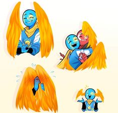 an image of some cartoon characters with orange and blue wings on their backs in different poses