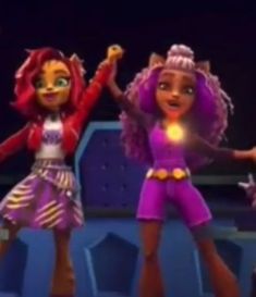 two cartoon characters are dancing together on stage with their arms in the air and one is holding her hands up