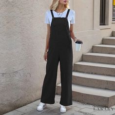 Lasaky - Casual Overall Straight-leg Pants Jumpsuit Loose Fit Jumpsuit, Linen Overalls, Jumpsuit Navy Blue, Pocket Jumpsuit, Solid Jumpsuit, Loose Jumpsuit, Backless Jumpsuit, Linen Jumpsuit, Straight Trousers