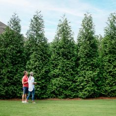 two people standing in front of a row of trees