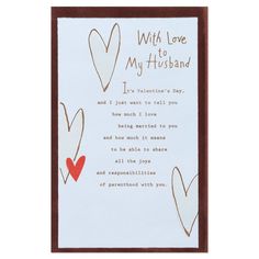 a card with hearts and the words i love you to my husband in red on it