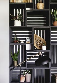 a black shelf filled with lots of plants next to a wall mounted bookcase full of books