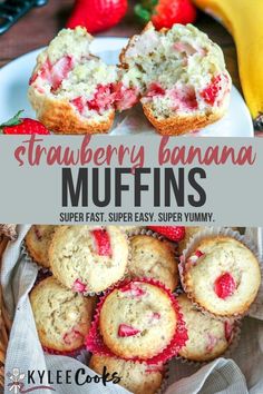 strawberry muffins on a plate with strawberries