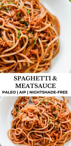 spaghetti and meat sauce in two white bowls on top of each other with text overlay