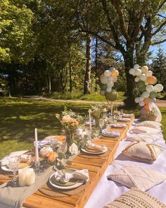 a long table with plates and balloons on it in the middle of a grassy area