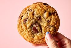 a close up of a person holding a chocolate chip cookie in front of a pink background