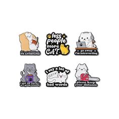 six different enamel pins that say less people more cat