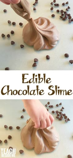 someone is making edible chocolate slime with coffee beans on the side and in the middle