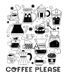 a black and white drawing of coffee related items